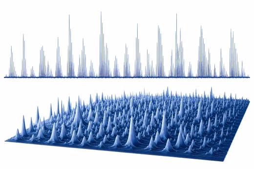 Mass spectra: thousands of peaks across m/z